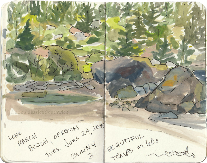 Gouache and ink sketch of Lone Ranch Beach in Oregon, by Jessica Southwick