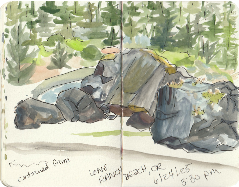 Gouache and ink sketch of Lone Ranch Beach in Oregon, continuation spread by Jessica Southwick
