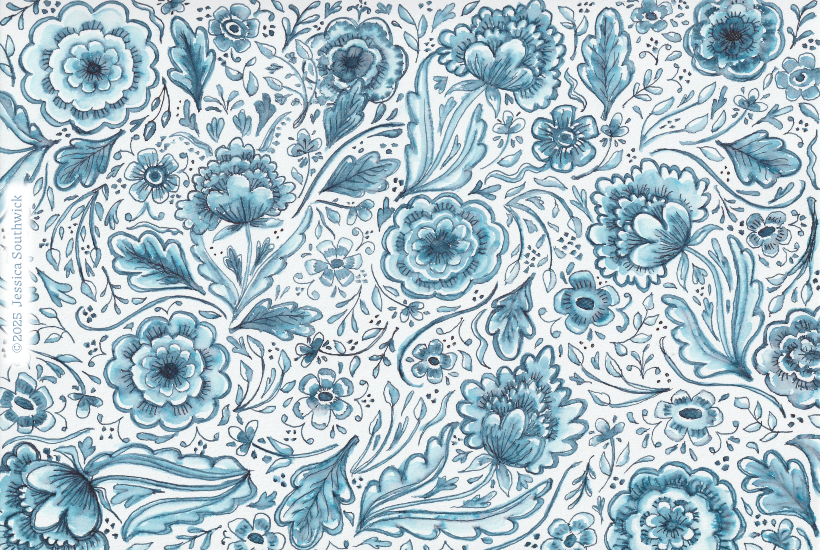 Delft-inspired pattern in blue fountain pen ink, by Jessica Southwick