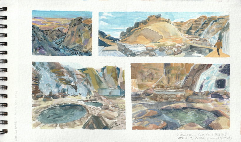 Gouache and ink sketches of Husafell Canyon baths in Iceland, by Jessica Southwick