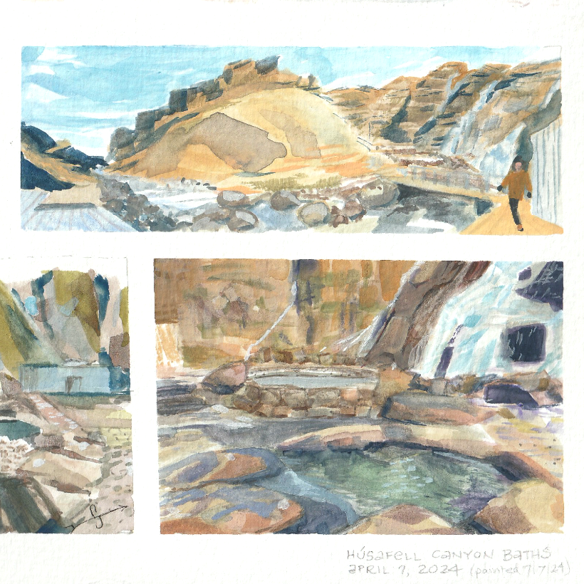 Detail of page of watercolor sketches of Icelandic canyon hot baths.