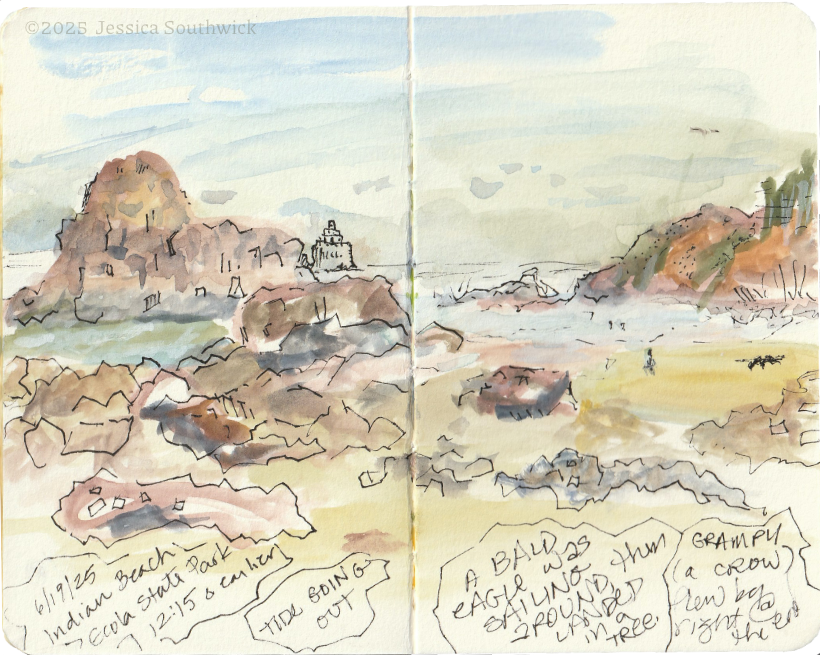 Gouache and ink spread from Indian Beach, Ecola State Park, Oregon, by Jessica Southwick