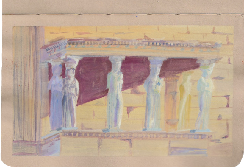 Gouache sketch of Athens Caryatids by Jessica Southwick