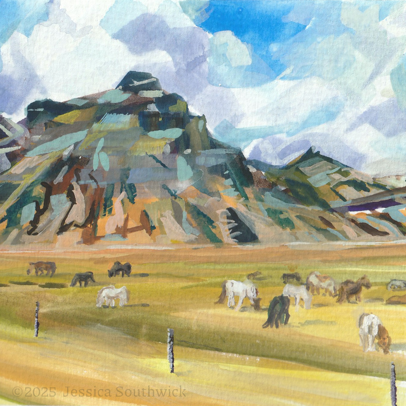 Detail of gouache painting by Jessica Southwick of mountain with cloud over it against a blue sky, and flat plains with Icelandic horses and a fence in the foreground.