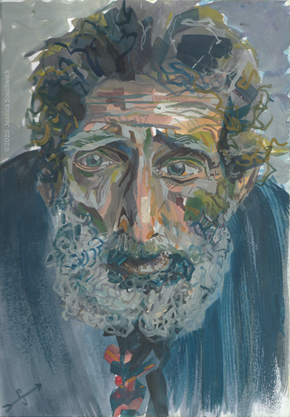 Gouache painting of older man with gray beard and sad eyes by Jessica Southwick, based on Leroy Skalstad photo on Pixabay