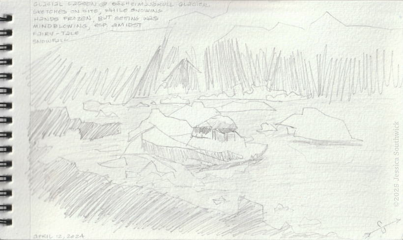 Pencil sketch in the field of Soheimajökull Glacial lagoon