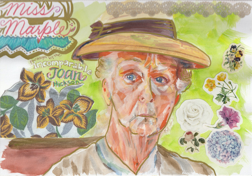 Mixed Media portrait of Joan Hickson in the role of Miss Marple, by Jessica Southwick