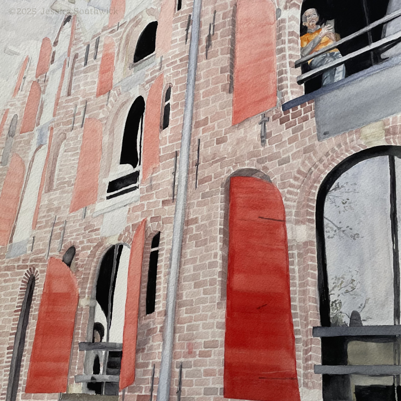 Detail of unfinished watercolor painting looking up at an Amsterdam brick building with red shutters and a man in one of the windows, by Jessica Southwick