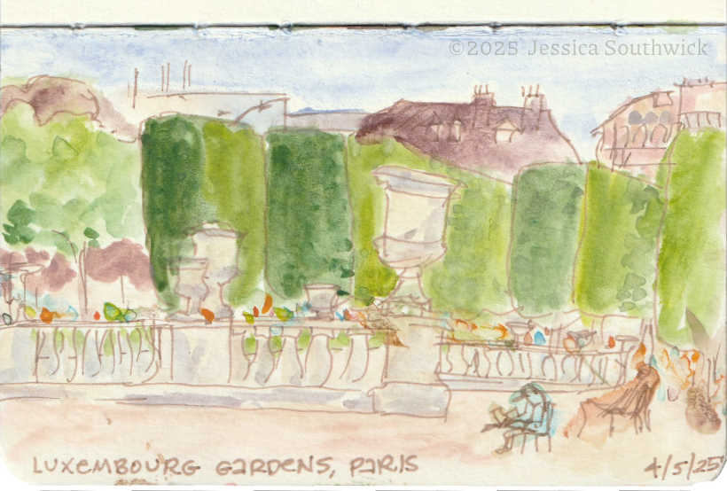 Watercolor sketch of Luxembourg Gardens, Paris, on a gorgeous spring day by Jessica Southwick
