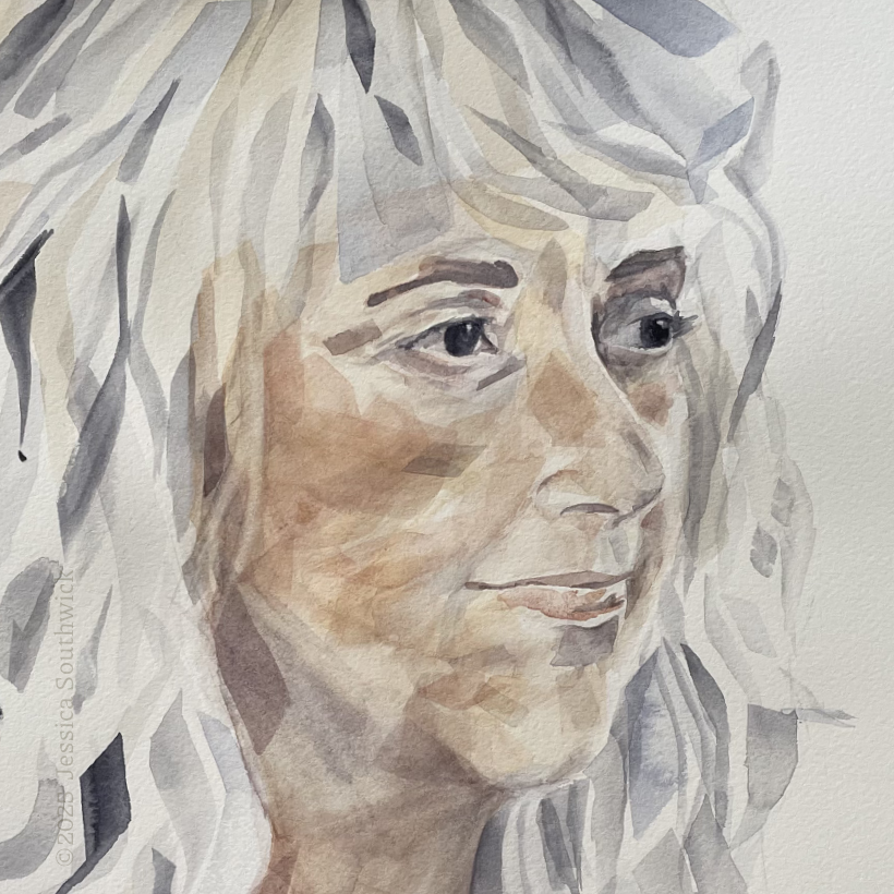 Watercolor painting of woman looking to the left.