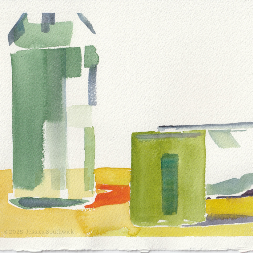 Abstract watercolor in greens and teals of still life with bottle, mug, and bowl on a yellow surface, with bright orange shadow.