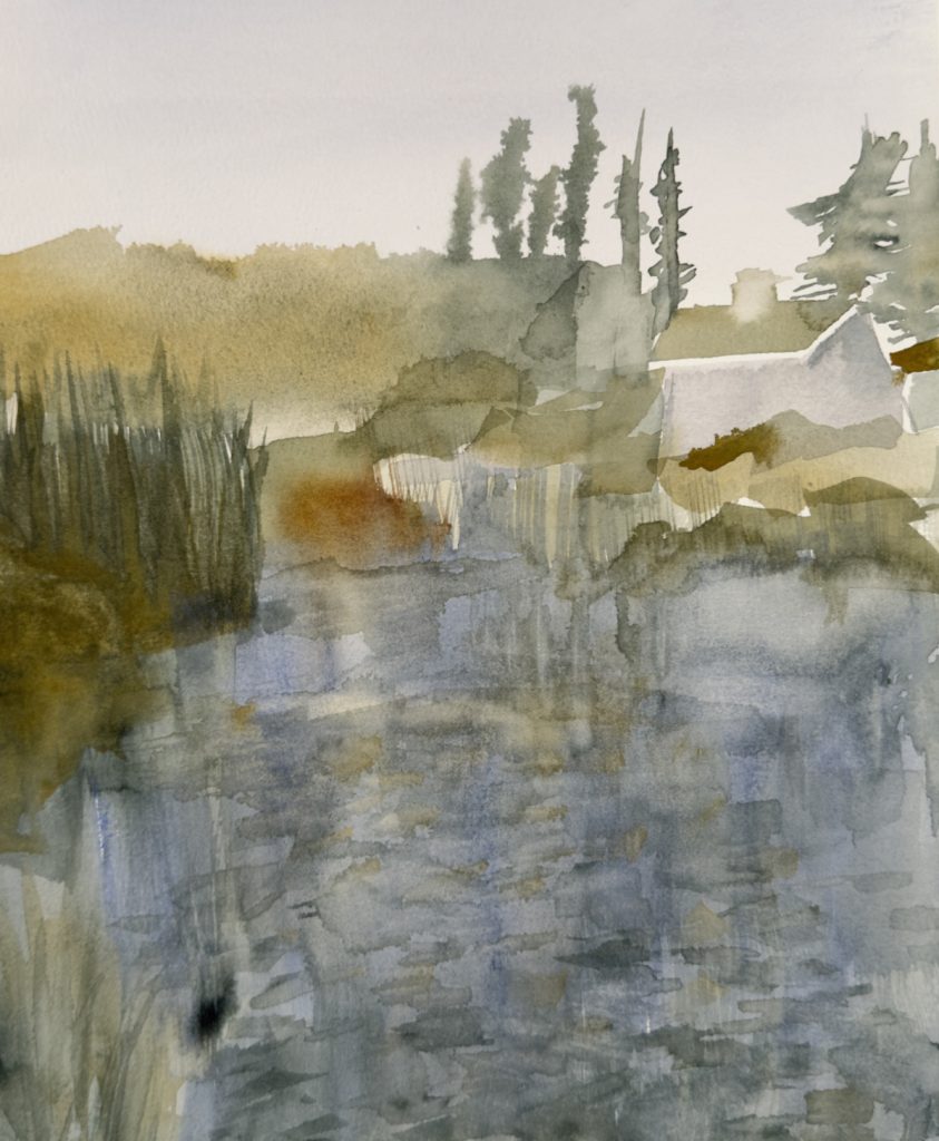 Soft wash watercolor landscape painting of pond and shed in Coastal Maine Botanical Gardens, by Jessica Southwick