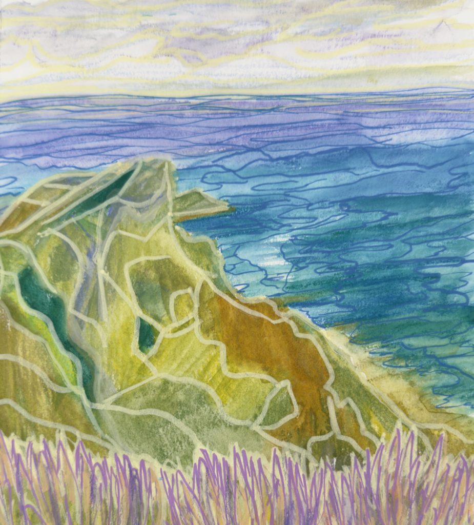 Detail of colorful mixed media sketch of a scene from French Polynesia, by Jessica Southwick