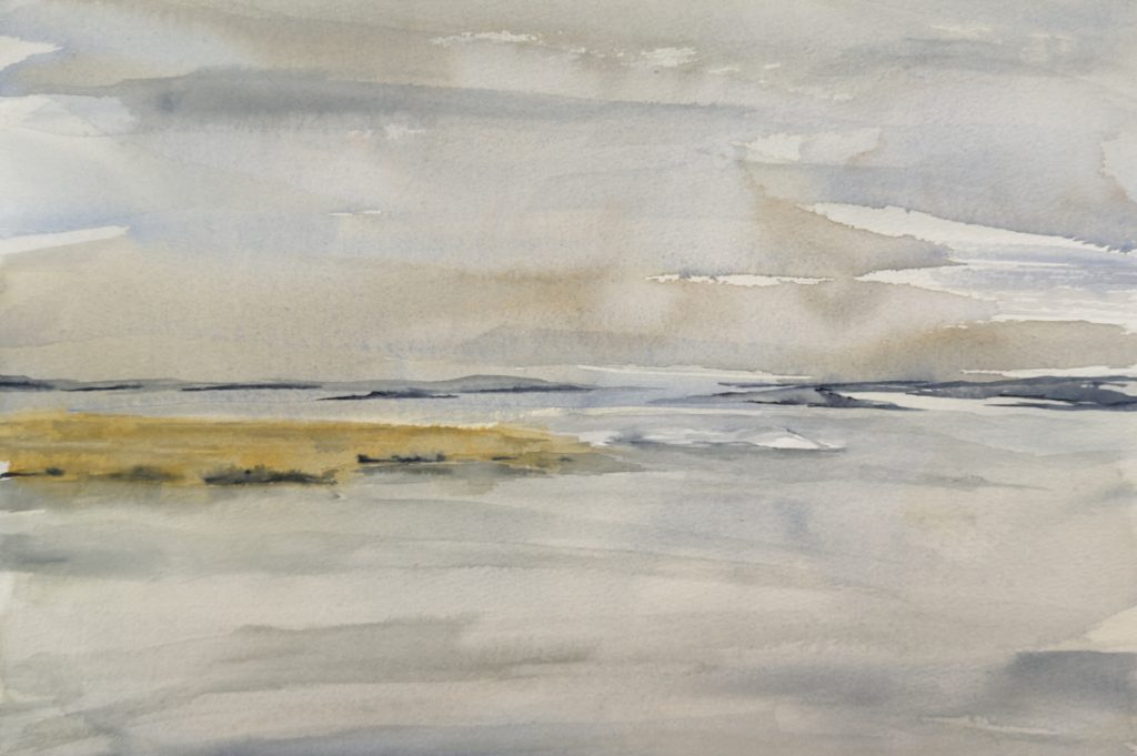 Soft wash watercolor painting of Connecticut shoreline with muted colors on water, sky, and sea grass, by Jessica Southwick