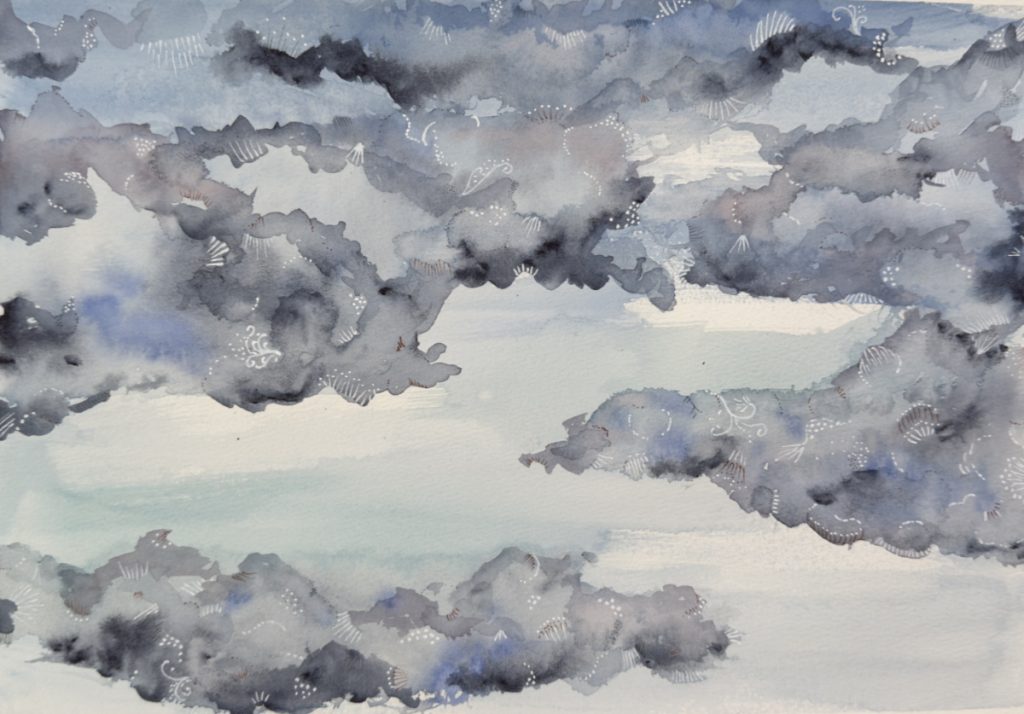 Abstracted skyscape painting with moody clouds and white ink details by Jessica Southwick