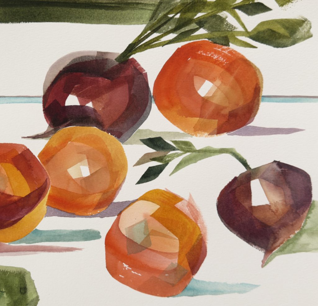 Detail of gouache painting of oranges and beets, by Jessica Southwick