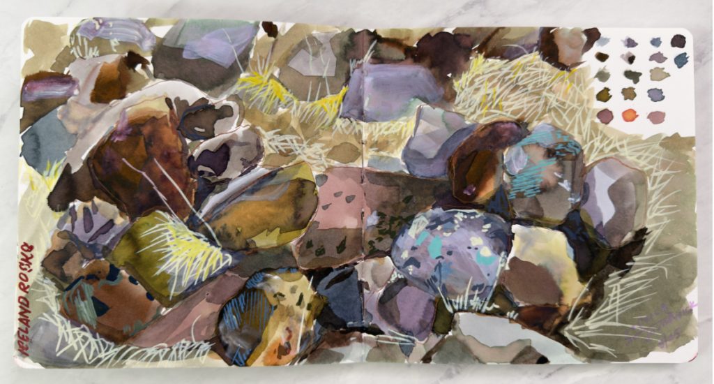 Mixed media travel art journal spread of rocks and grasses seen in Iceland near Húsafell lifting stone, by Jessica Southwick